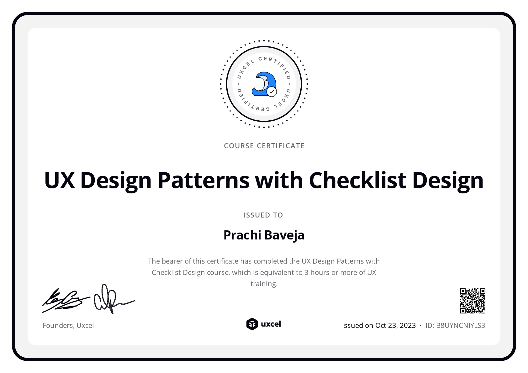 Prachi Baveja's certificate